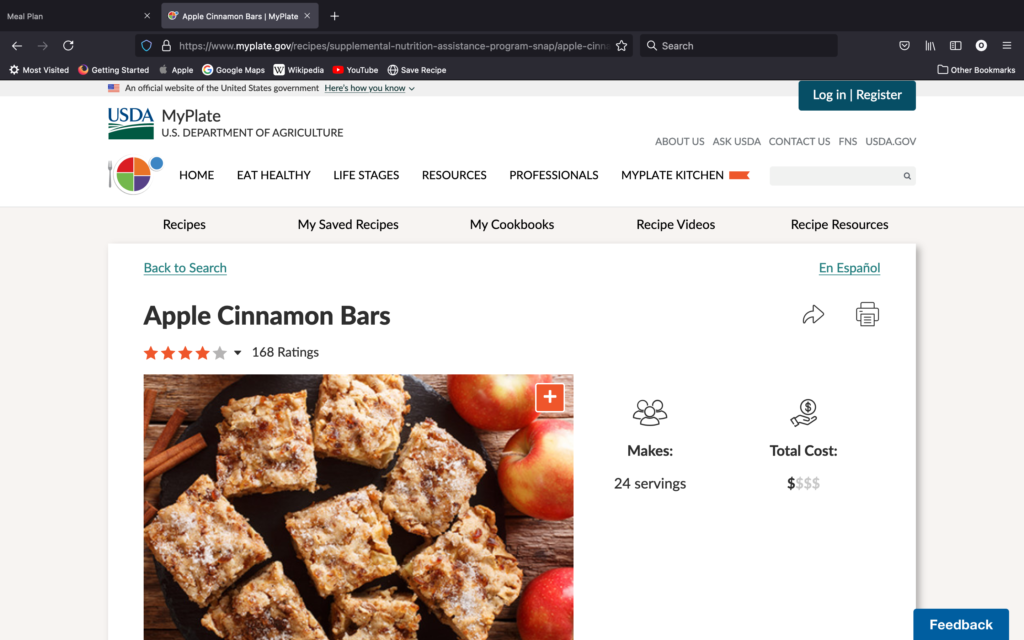 A photo of a recipe for Apple Cinnamon Bars from USDA MyPlate.