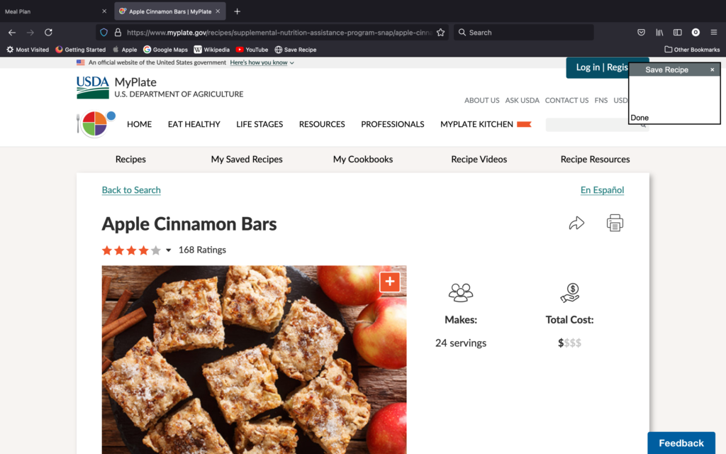 A photo of a recipe for Apple Cinnamon Bars from USDA MyPlate being saved to an ourmealplan account using ourmealplan's save recipes feature.